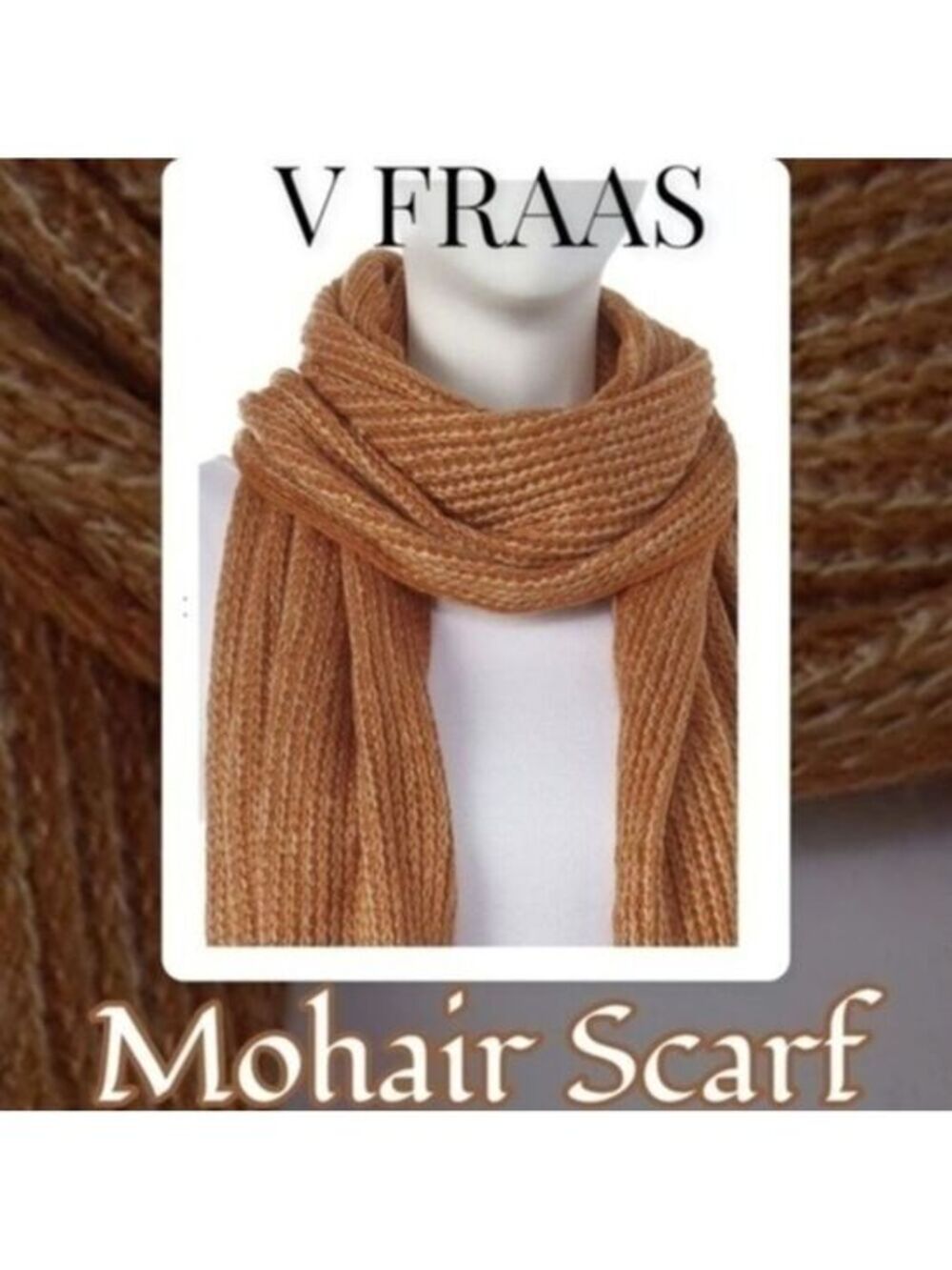 V FRAAS Soft Mohair Blend Fringed 14” x 88”Scarf/Neck Wrap-Tan Brick NWT